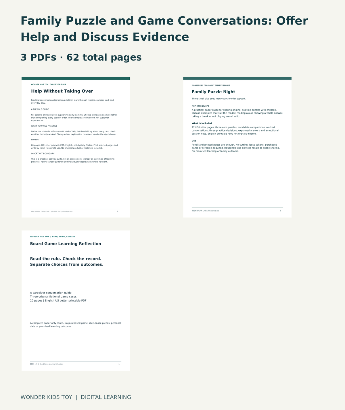 Family Puzzle and Game Conversations: Offer Help and Discuss Evidence: actual included PDF covers