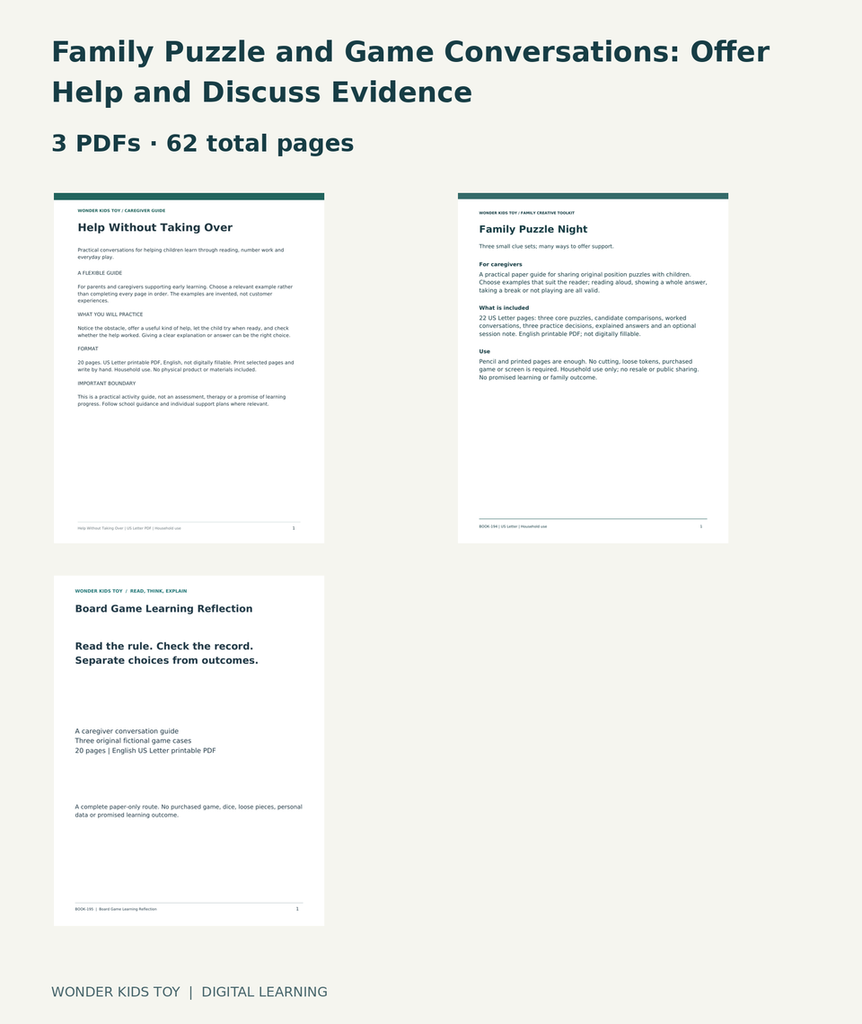 Family Puzzle and Game Conversations: Offer Help and Discuss Evidence: actual included PDF covers