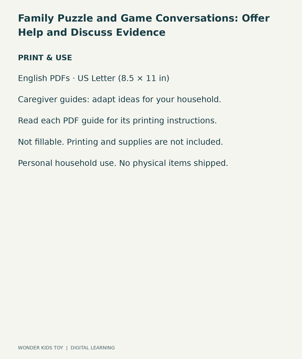 Family Puzzle and Game Conversations: Offer Help and Discuss Evidence: US Letter digital PDF print and household-use information