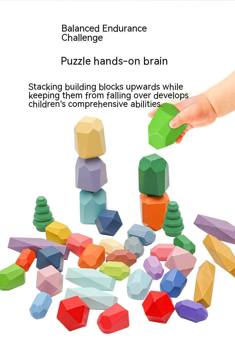 Build Beyond: Montessori Wooden Stone Blocks Rainbow Stacker Balancing Games for Kids! 🌈🪵