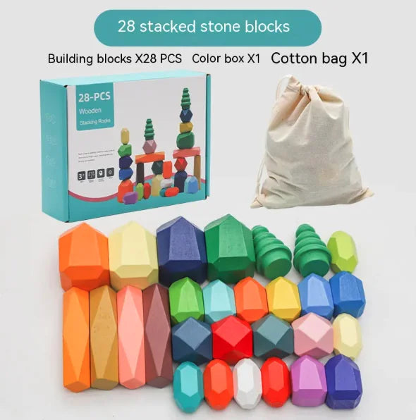 Build Beyond: Montessori Wooden Stone Blocks Rainbow Stacker Balancing Games for Kids! 🌈🪵