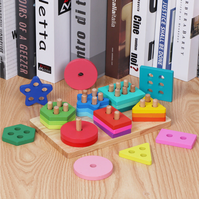 Wooden Geometric Shape Matching Toy – Five-Pillar Sorting Puzzle
