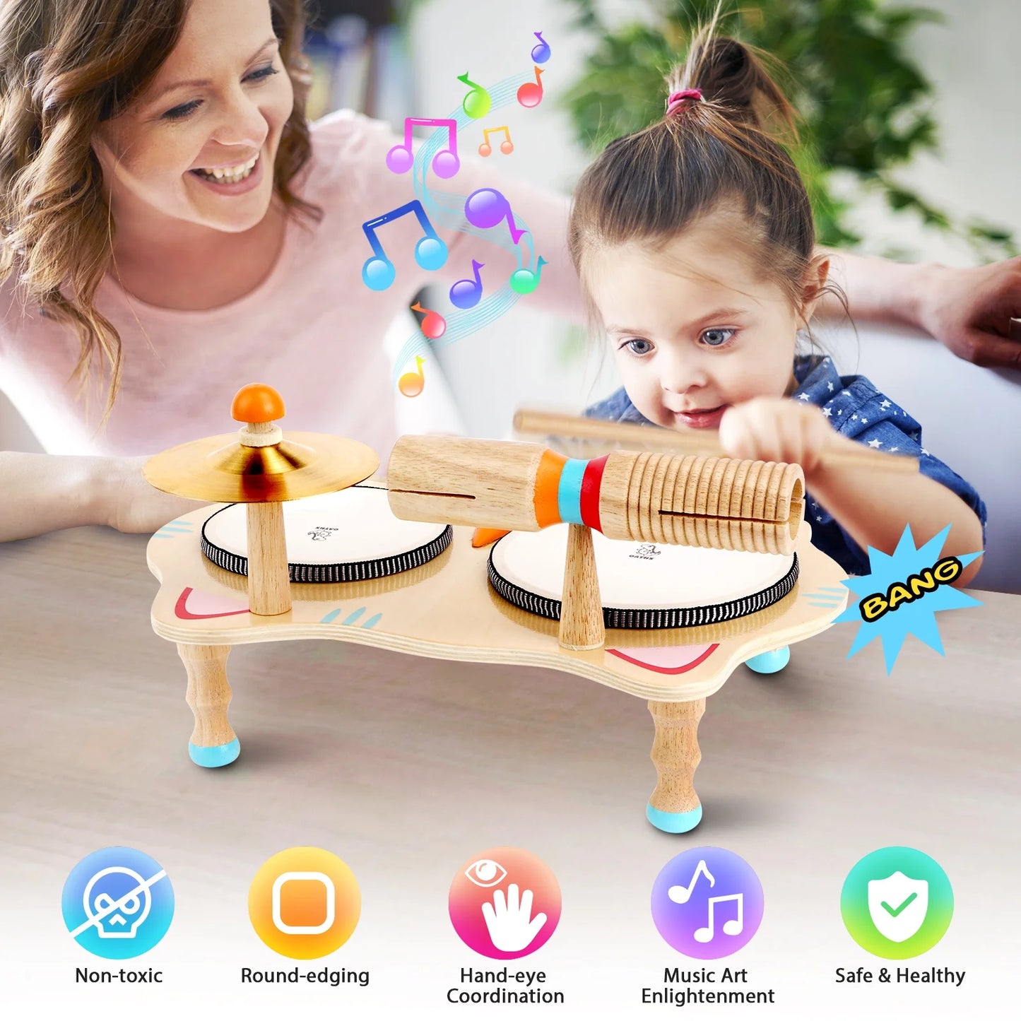 Music Toy Drum Set for Kids Wooden Musical Instruments Baby Learning Toy for Boy Girl 1-5 Year