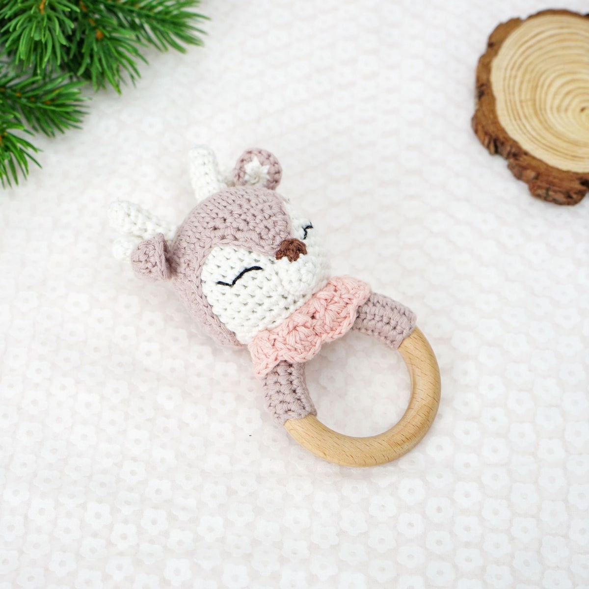 Pure Cotton Crochet Baby Rattle Gift Set Fawn skin red bib teething stick 6cm