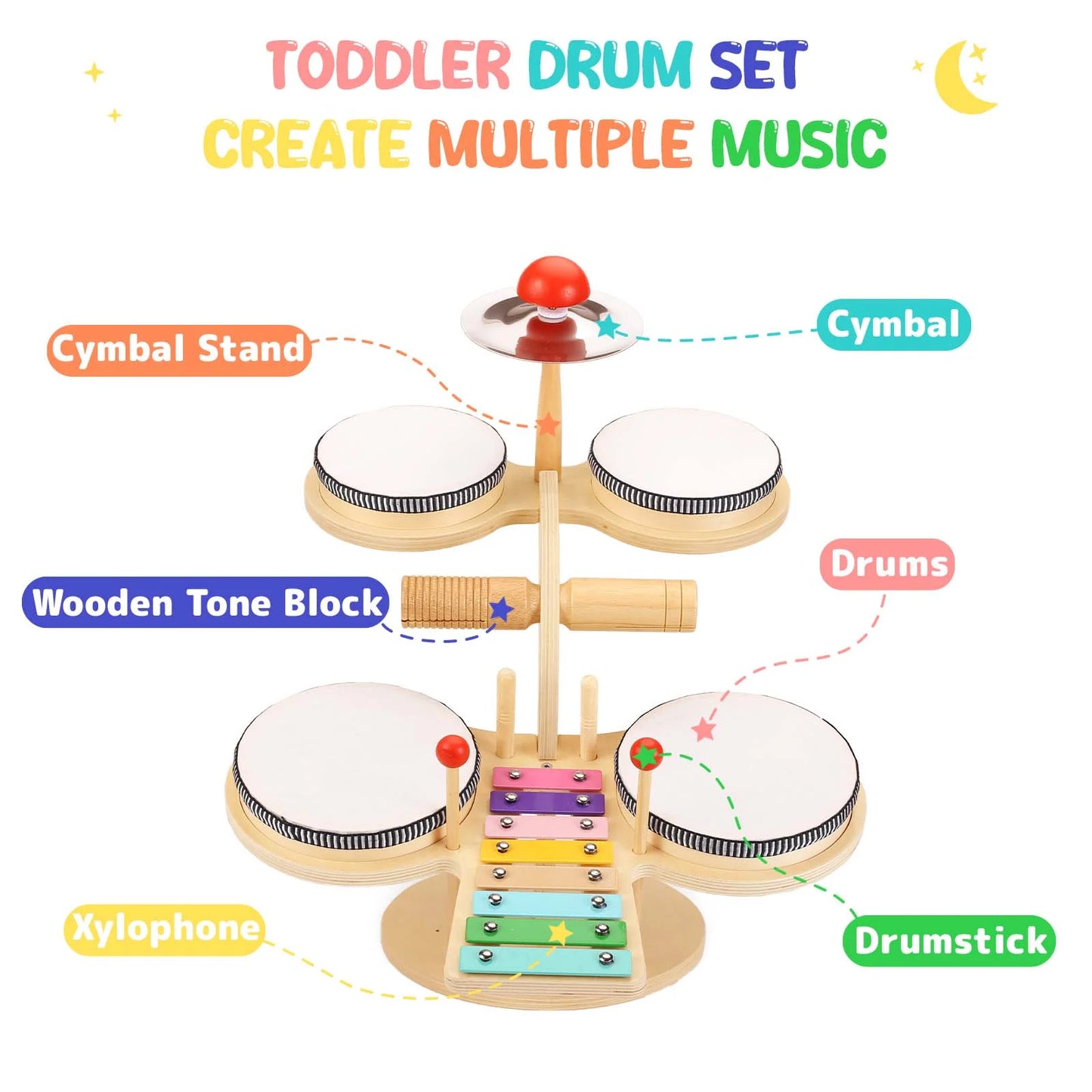 Kids Drum Set Xylophone Musical Instruments for Toddlers Wood Montessori Activity Learning Toy