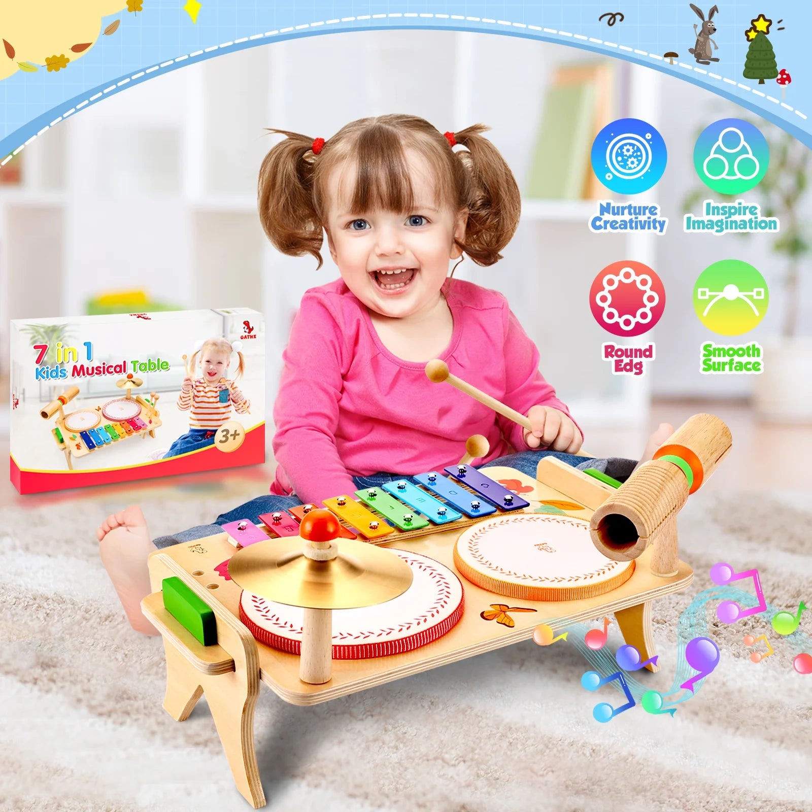 Toddler Drum Set,Xylophone Musical Instruments for Kids,Baby Drums Wooden Montessori Music Toy