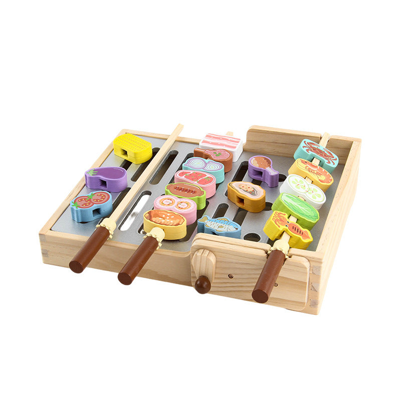 Wooden Pretend BBQ Grill & Food Skewer Play Sets for Kids