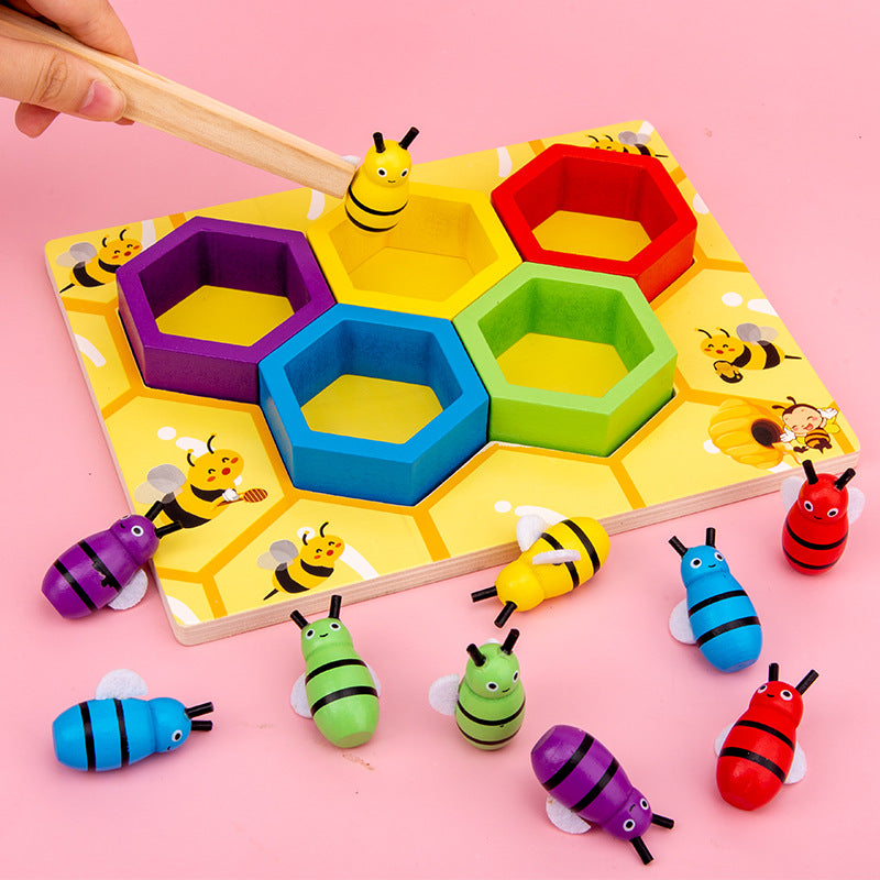 Montessori Wooden Bee Hive Toy – Color Sorting Game