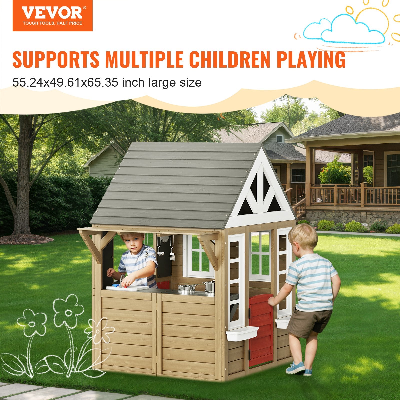 Outdoor Wooden Playhouse Kids Garden Games Cottage With Door Window Sink