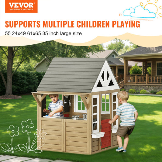 Outdoor Wooden Playhouse Kids Garden Games Cottage With Door Window Sink