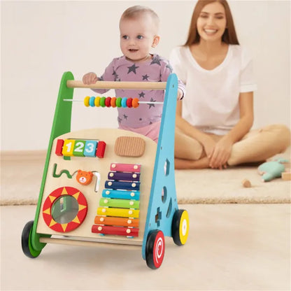 Multifunctional Wooden Baby Walker – 7+ Activity Center with Xylophone, Shape Sorter & Mirror
