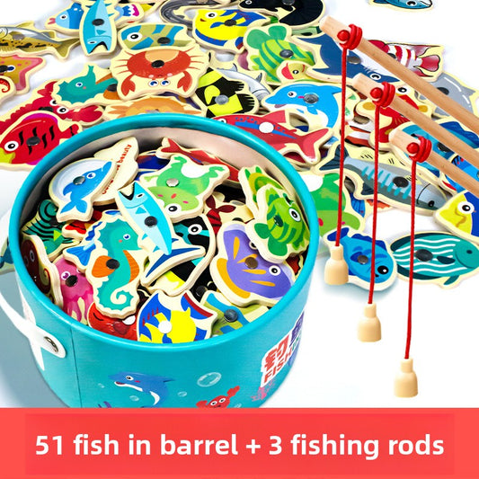 Wooden Fishing Game for Kids 51 fish 3 fishing rods barrel