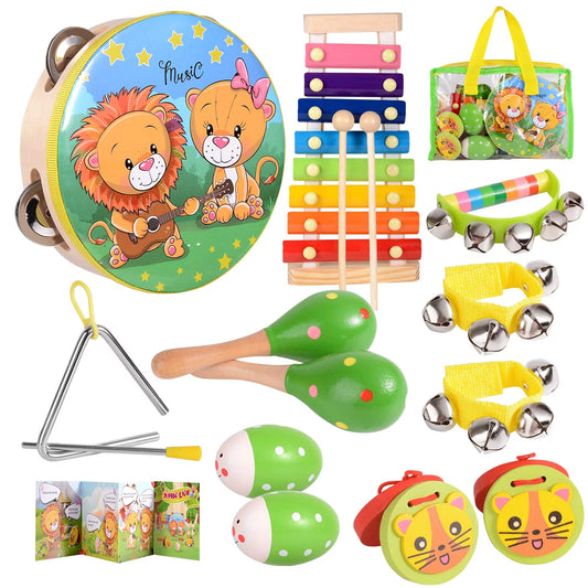 Baby Music Toys Educational Toddler Learning Toy 16Pcs Wooden Musical Instrument Set for 1-4 Child Birthday