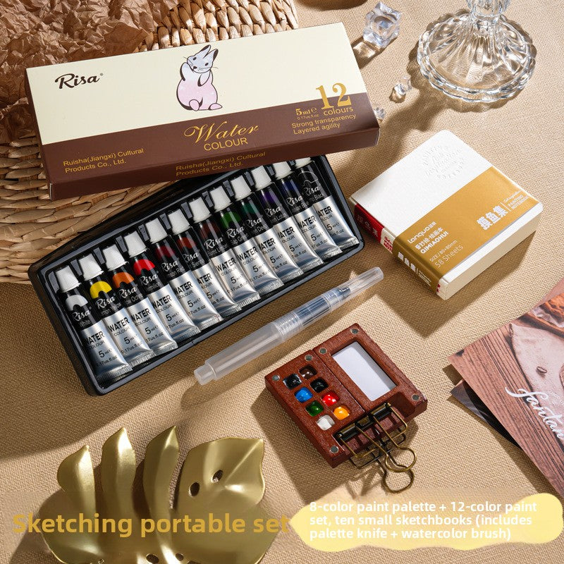 Portable Watercolor Paint Box for Kids Walnut 5pcs 8-box small drawing book
