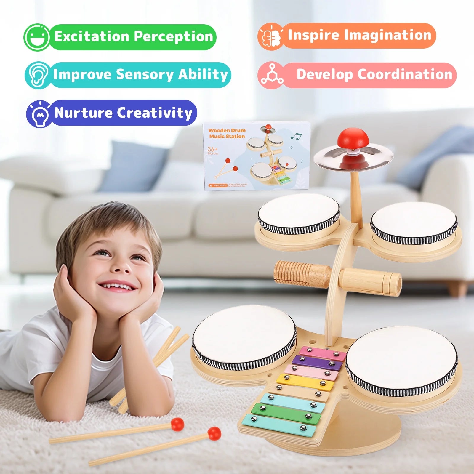 Kids Drum Set Xylophone Musical Instruments for Toddlers Wood Montessori Activity Learning Toy