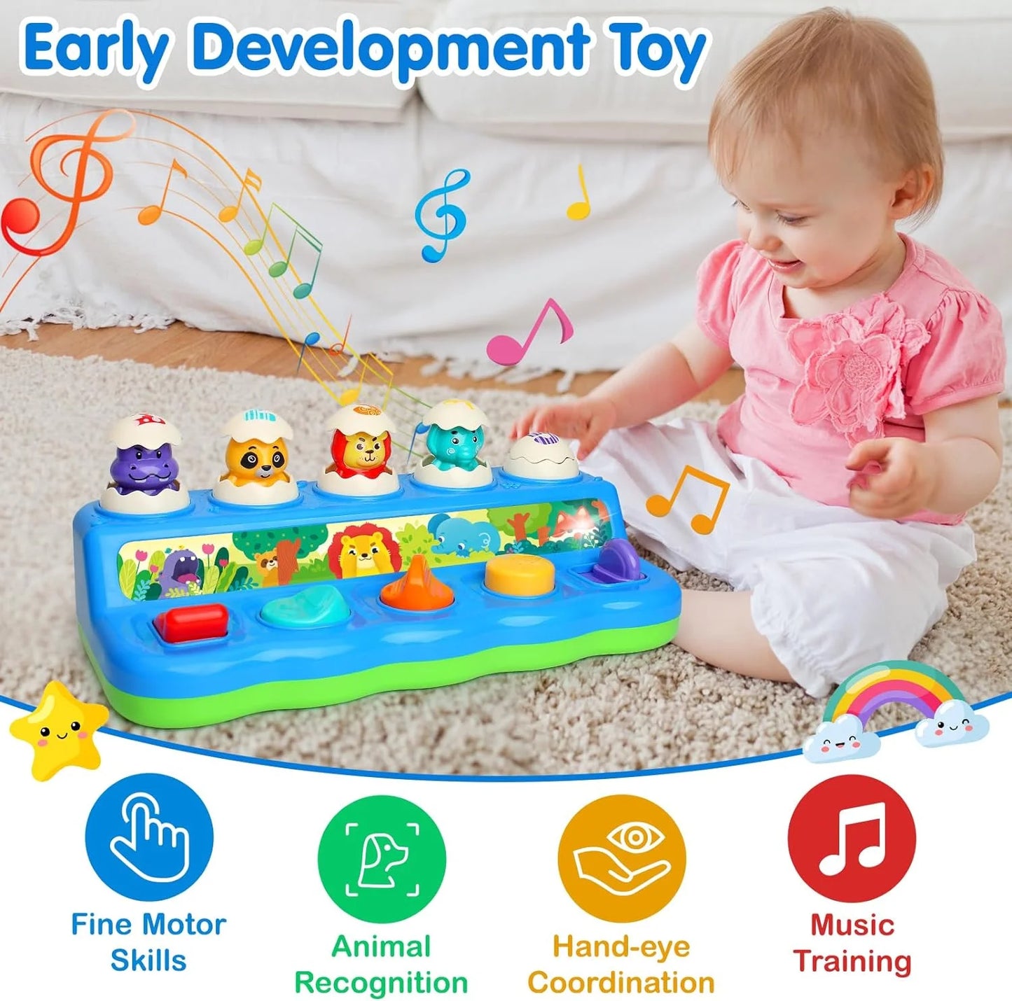 Pop up Animal Toys 9-12-18 Months with Music & Light, Montessori Cause and Effect Toys for 1 Year Old Boy Girl, Early Learning Toys STEM Toddler Toys Age 1-2 Gift