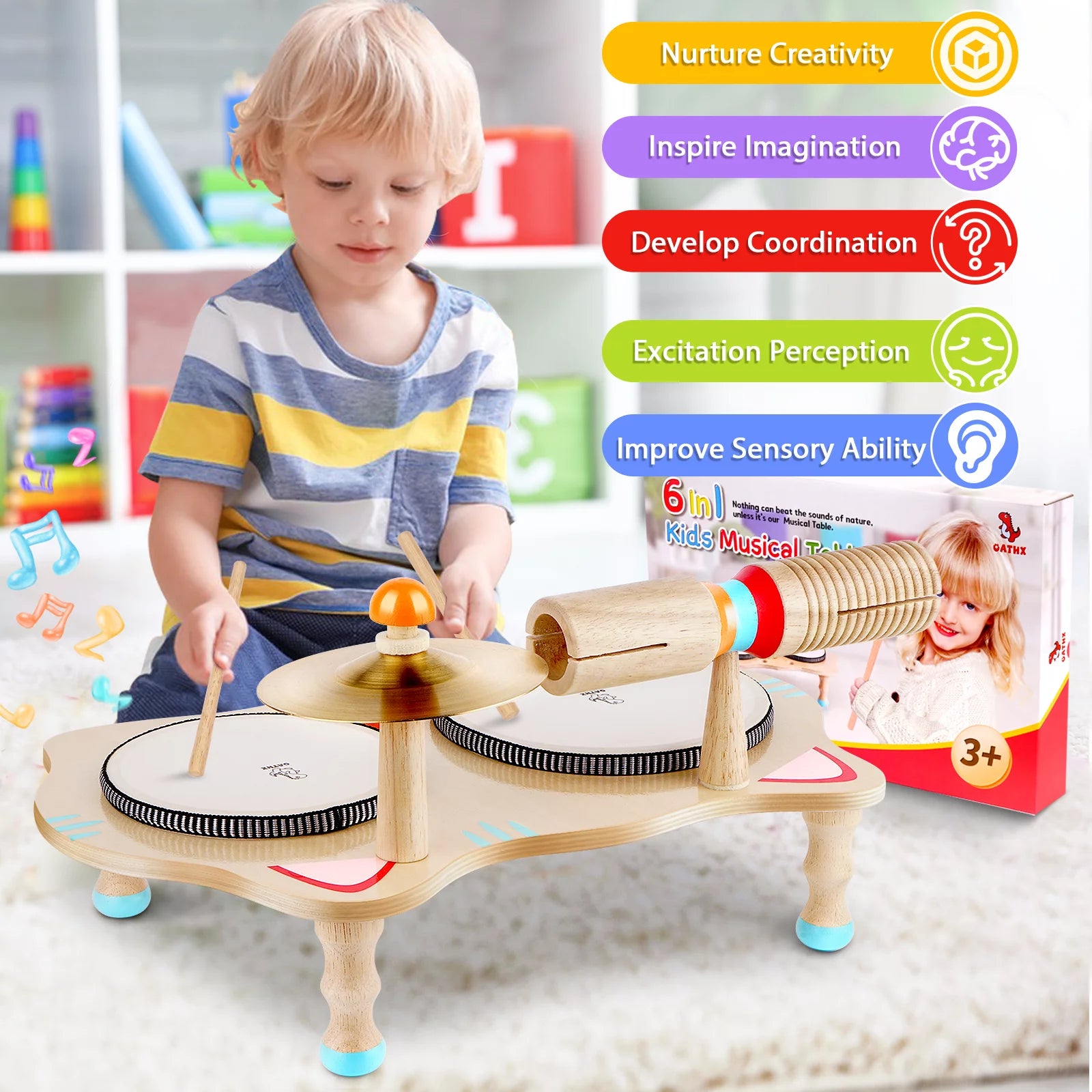 Music Toy Drum Set for Kids Wooden Musical Instruments Baby Learning Toy for Boy Girl 1-5 Year