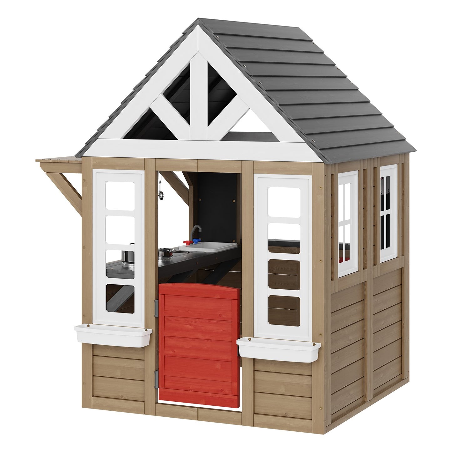 Outdoor Wooden Playhouse Kids Garden Games Cottage With Door Window Sink