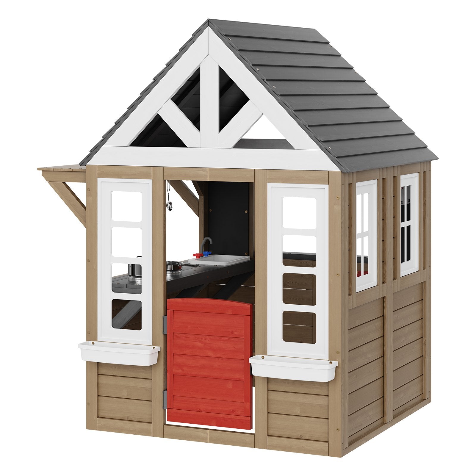Outdoor Wooden Playhouse Kids Garden Games Cottage With Door Window Sink