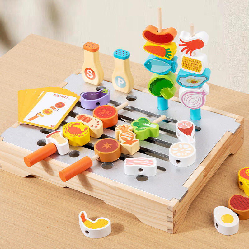 Wooden Pretend BBQ Grill & Food Skewer Play Sets for Kids