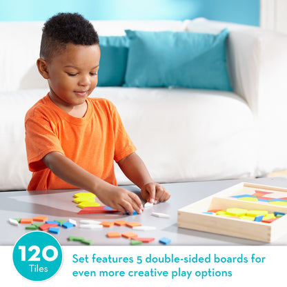 Pattern Blocks and Boards - Classic Toy with 120 Solid Wood Shapes and 5 Double-Sided Panels, Multi-Colored Animals Puzzle