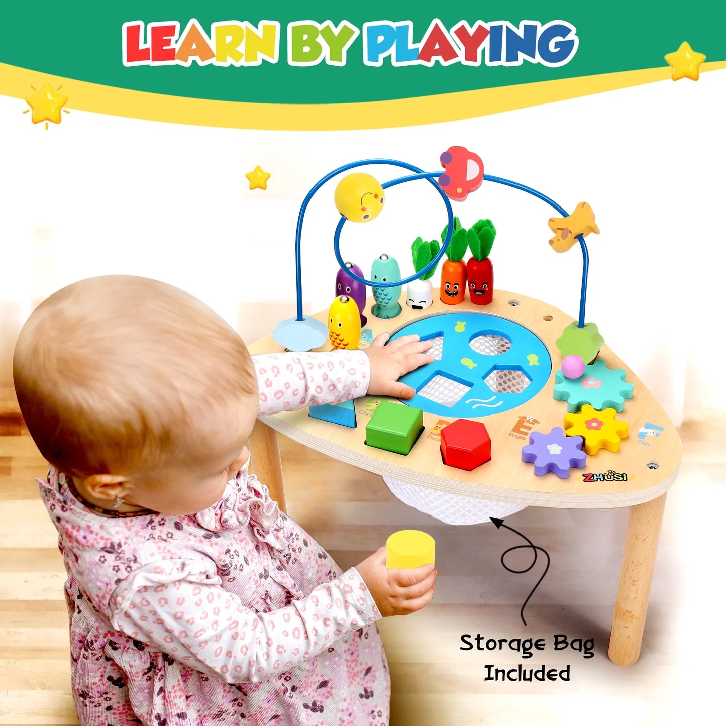 Baby Activity Table Wood Bead Maze Montessori Early Developmental Learning Toys Infant Toddler