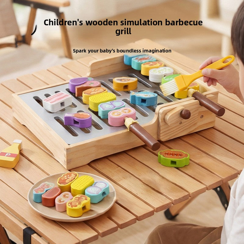 Wooden Pretend BBQ Grill & Food Skewer Play Sets for Kids
