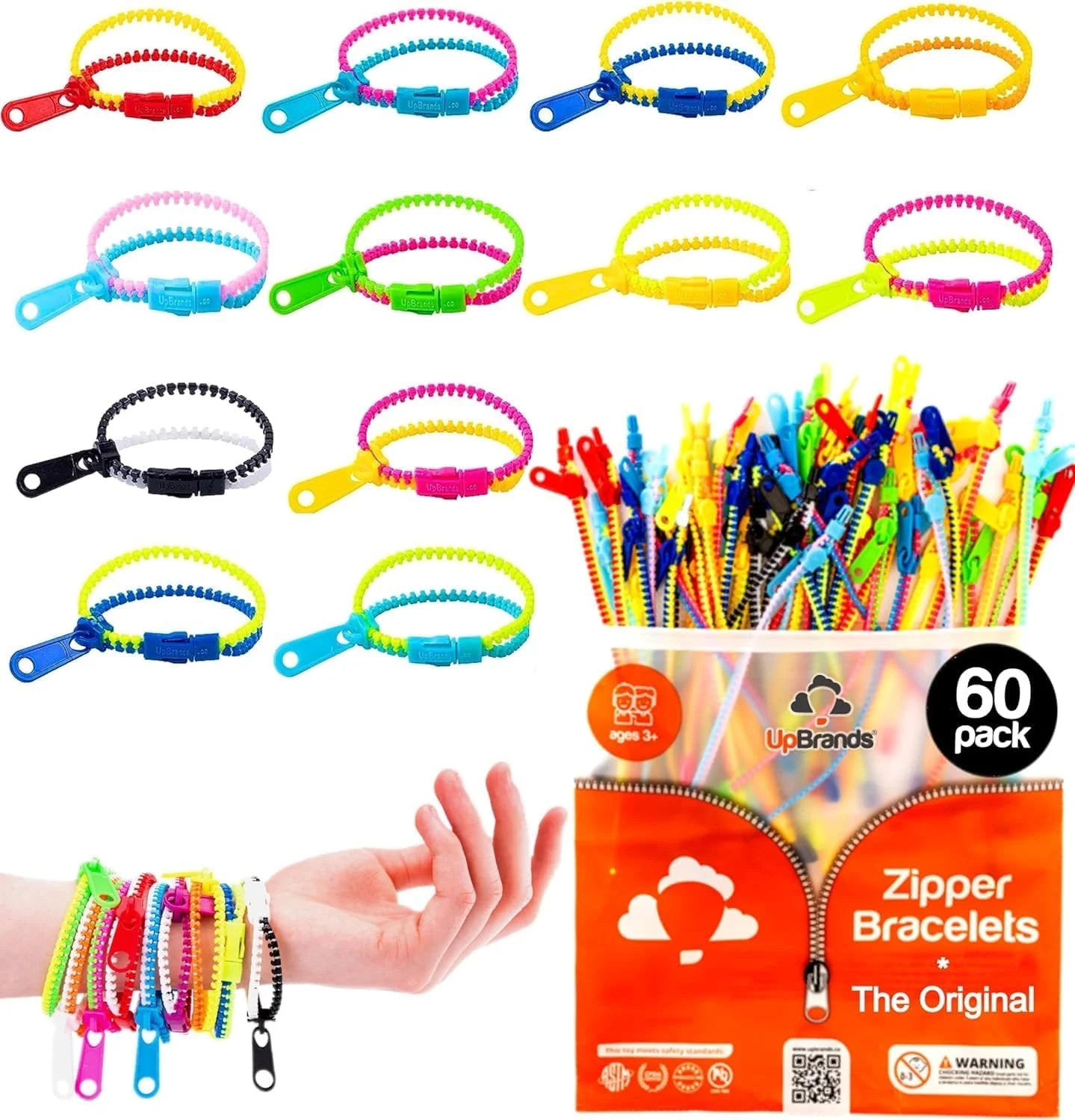 60 Easter Egg Fillers Small Toys: Zipper Bracelets 7 1/2” Sensory Bulk Set, Fidget Toys, Kit for Easter Egg Hunt, Birthday, Goodie Bags, Pinata Filler, Classroom Rewards