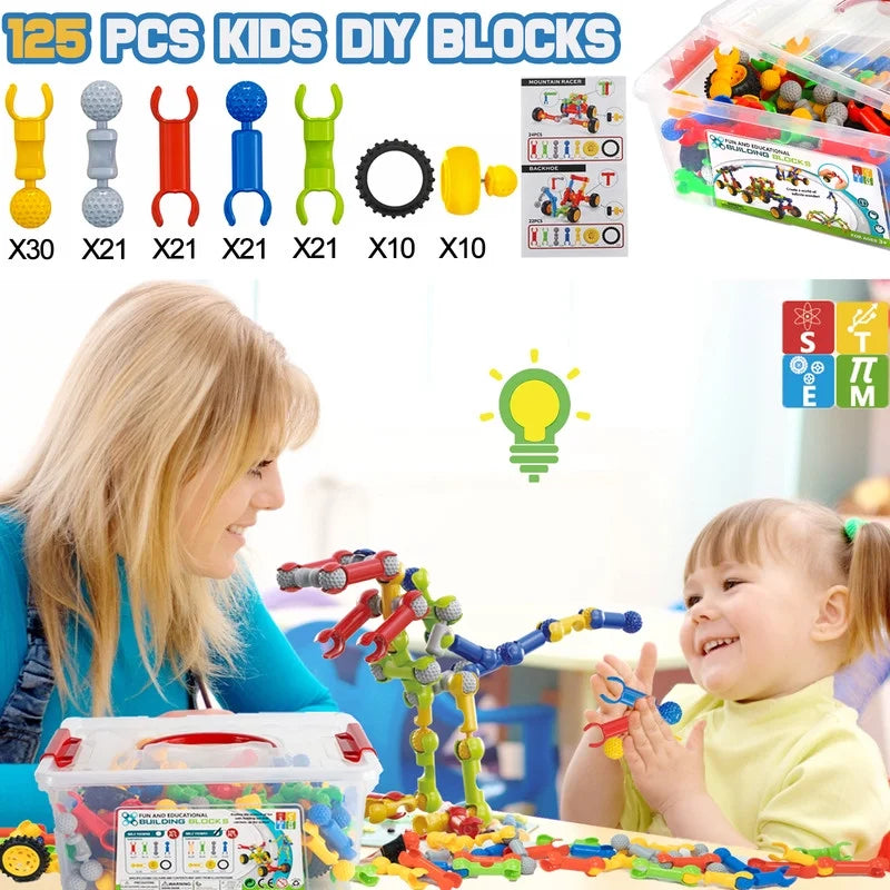 Kids Building STEM Toys, 125 Pcs Building Blocks Kit Educational Construction Engineering Learning Set for Ages 3 4 5 6 7 8 9 10 Year Old Boys Girls, Gift for Kid Creative Games Fun Stem Activity