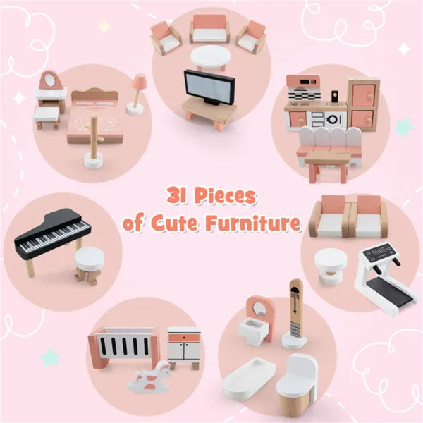 7-Room Wooden Dollhouse for Kids