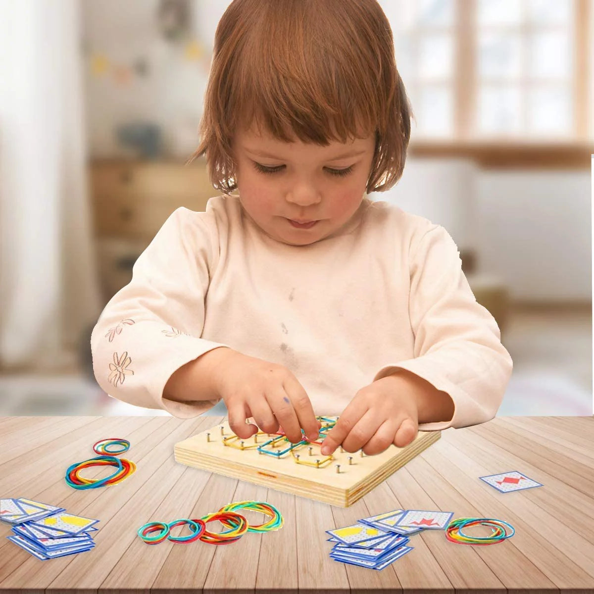 STEM Block Geo Board Graphical Educational Toys, Kids Montessori Geoboard Mathematical Manipulative Array Block with Pattern Cards and Rubber Bands Matrix 8X8 Brain Teaser Toys