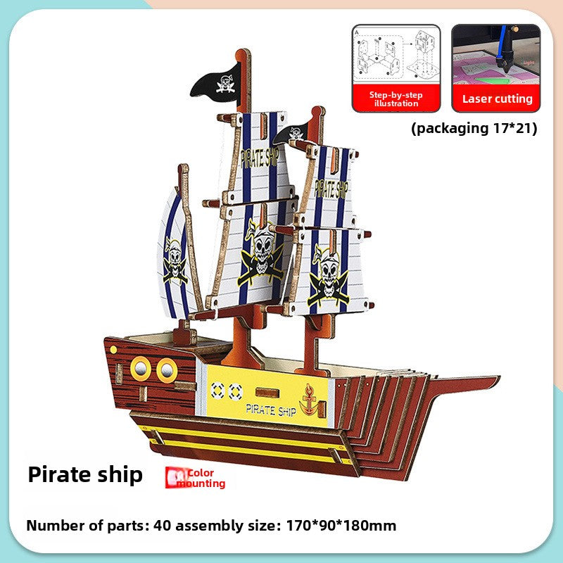 Wooden Ship 3D Puzzle Kit for Kids Color mounting pirate ship
