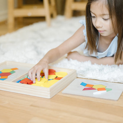 Pattern Blocks and Boards - Classic Toy with 120 Solid Wood Shapes and 5 Double-Sided Panels, Multi-Colored Animals Puzzle