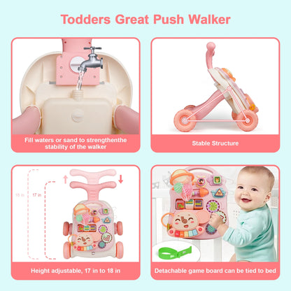 3-In-1 Baby Walker and Learning Table Center, Perfect Learning Toys Christmas Gift for Infants 6-12 Months, Early Development and Playtime for Girls Boys-Pink