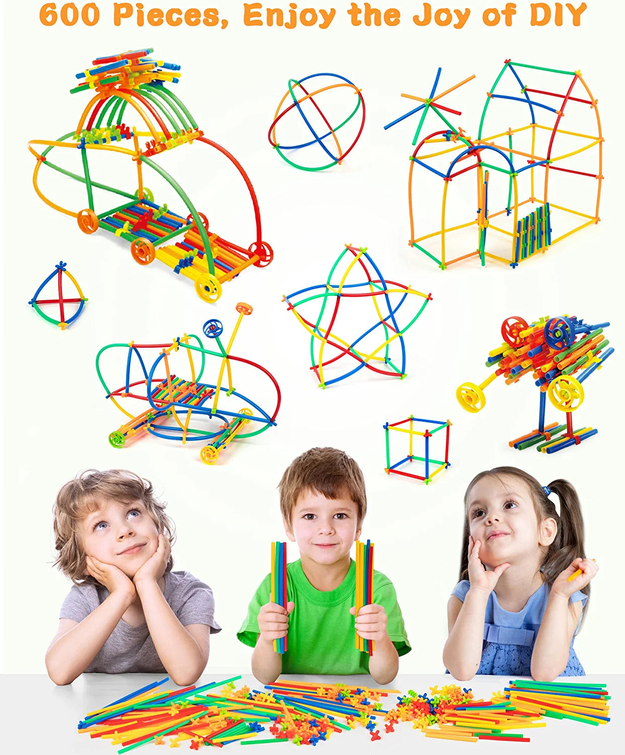 Straw Constructor STEM Building Toys 600Pcs Interlocking Toys Engineering Toys Thin Tube Blocks Connectors Toy Educational Toy Kit for Kids 3 4 5 6 7+ Years Boys and Girls