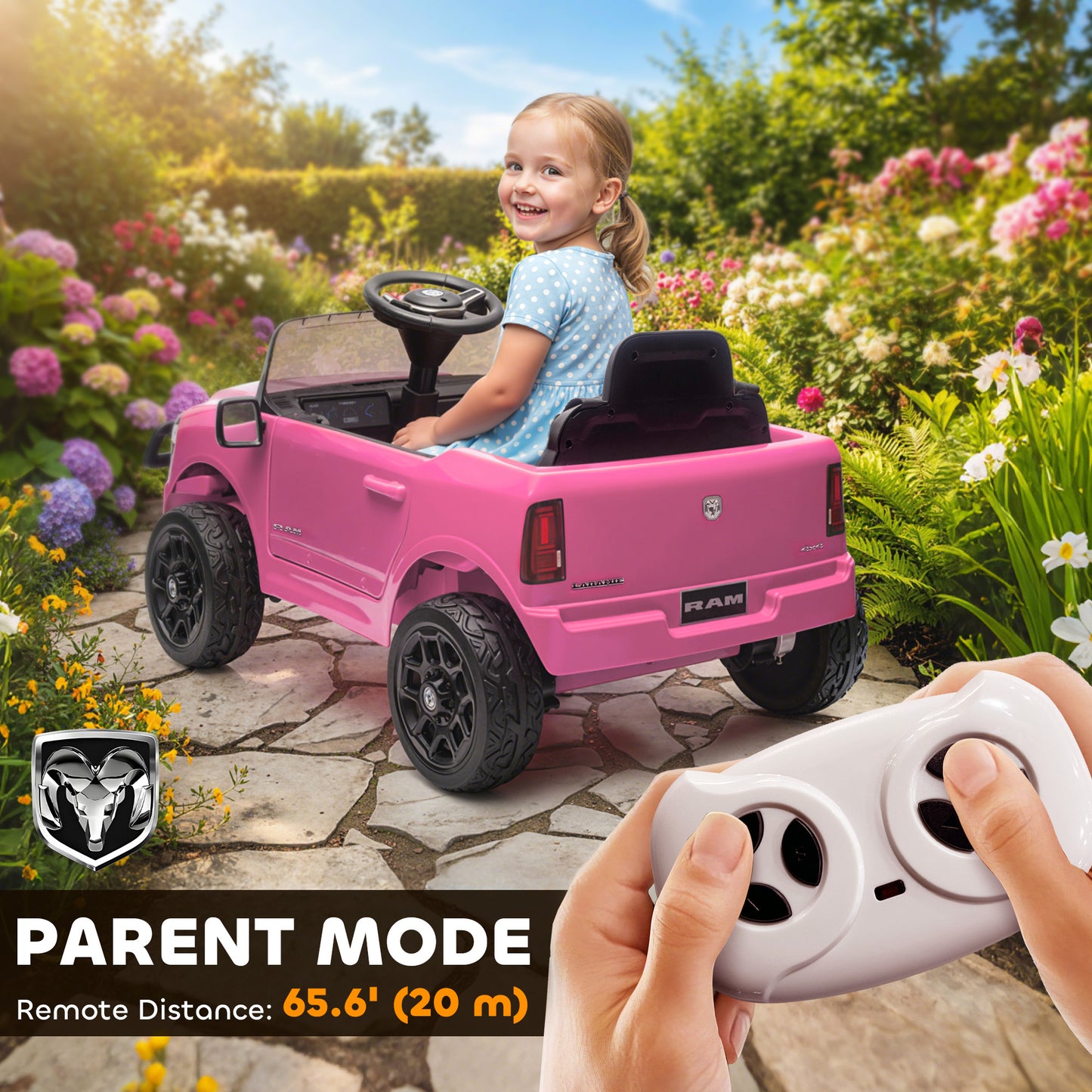 12V Kids Ride on Car, Licensed Dodge RAM 3500 Ride on Toys with Dual Motors, Remote Control for Toddlers, Pink