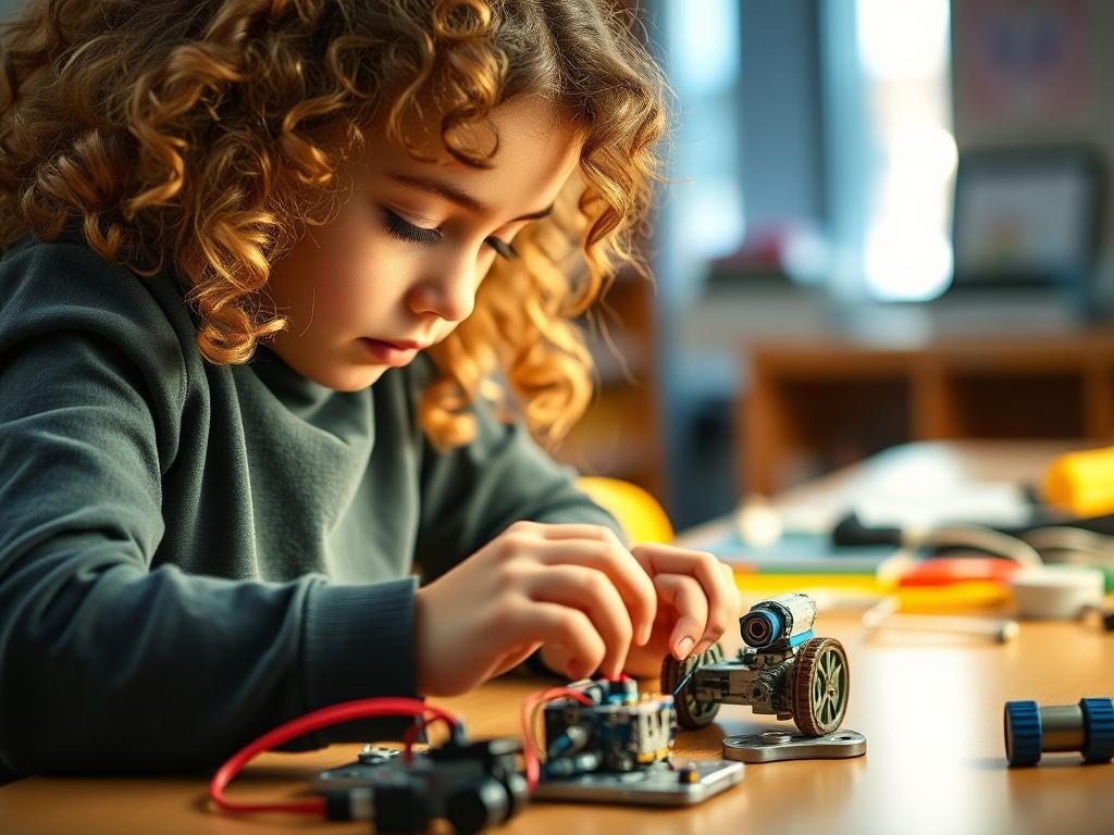 Young girl building a STEM robot kit