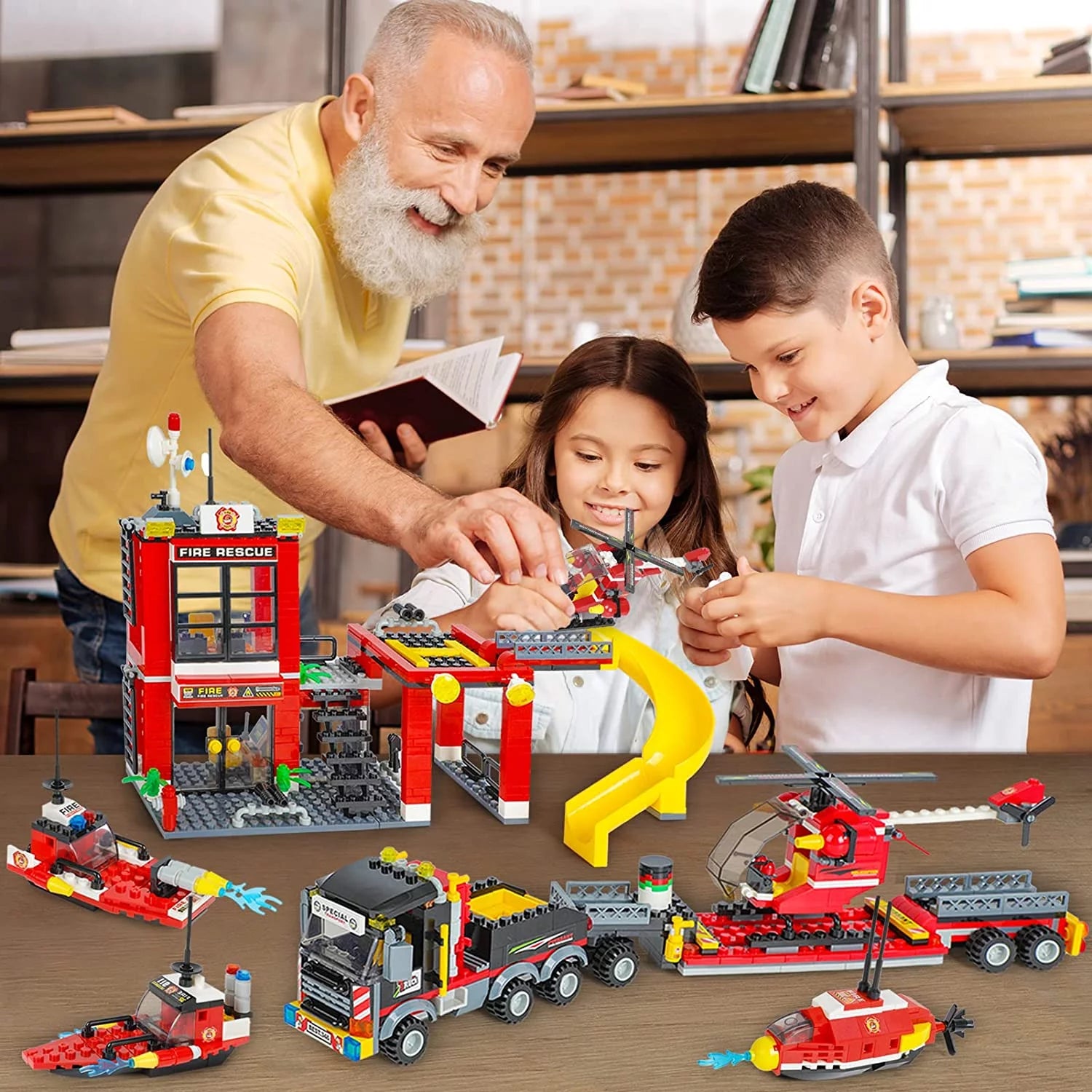 971 Pieces City Fire Station Building Toys Set, Fun Firefighter Building Block Kit, Fire Truck STEM Toy, Gift for Boys Kids Ages 6-12 (Red)