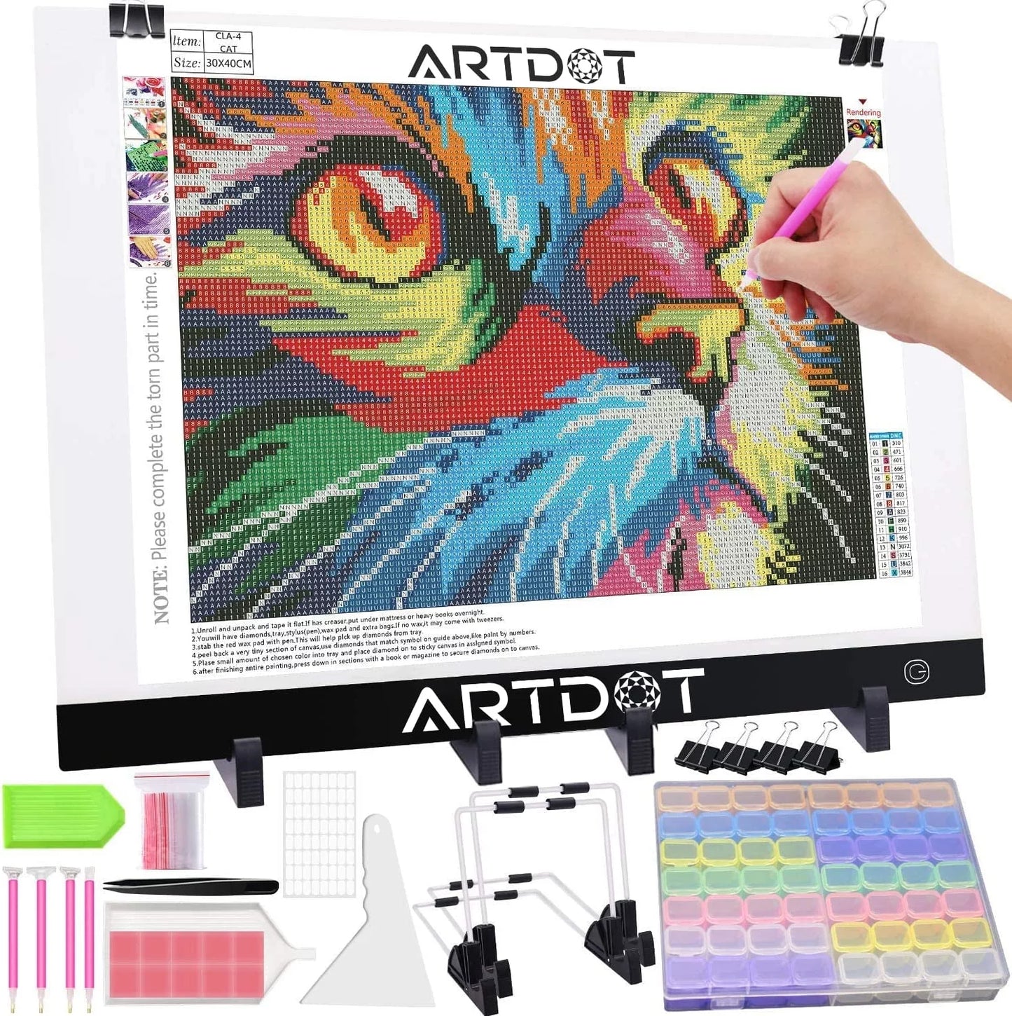 A3 LED Light Board for Diamond Painting Kits, USB Powered Light Pad, Adjustable Brightness with Diamond Painting Tools Detachable Stand and Clips