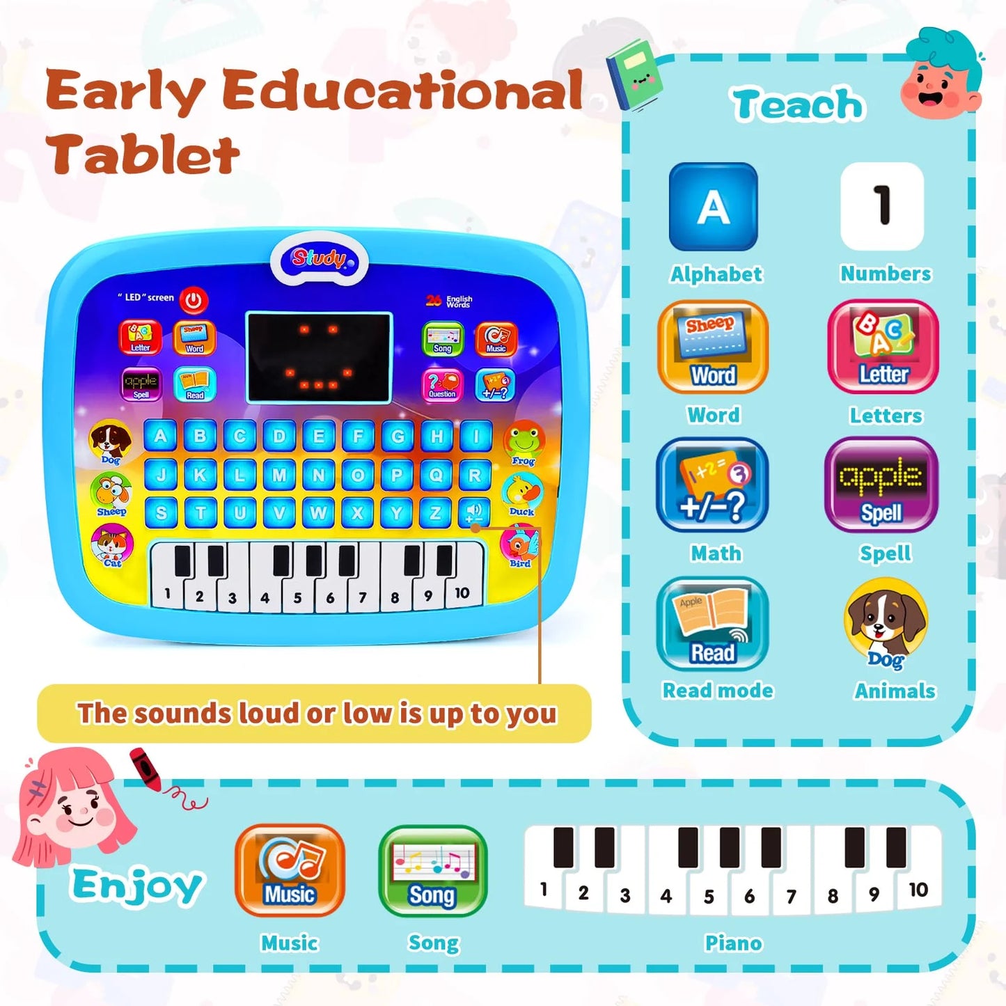 Early Educational Learning Tablet Toy for 1 2 3 Year Old Boys, Blue Interactive Alphabet Kids Learning Tablet Toy for Toddlers, Electronic Tablet Toy Birthday Gift for Kids Aged 1-3 Year Old