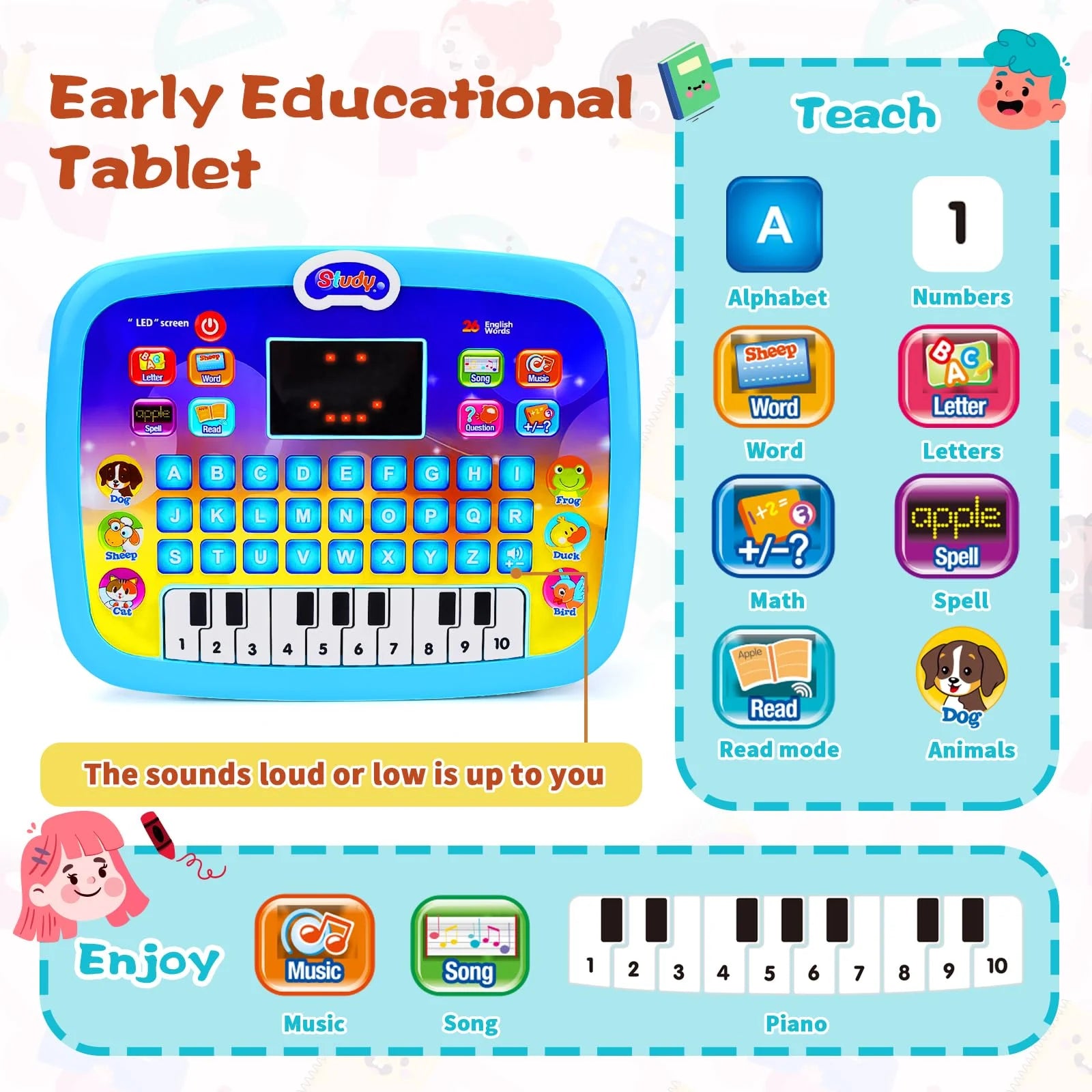 Early Educational Learning Tablet Toy for 1 2 3 Year Old Boys, Blue Interactive Alphabet Kids Learning Tablet Toy for Toddlers, Electronic Tablet Toy Birthday Gift for Kids Aged 1-3 Year Old