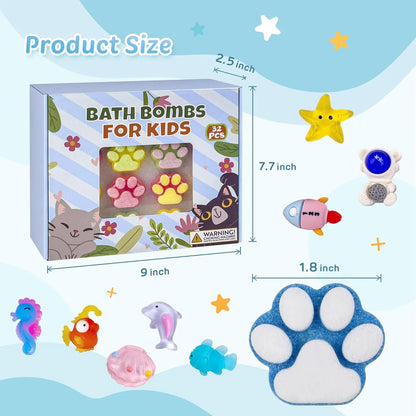 Bath Bombs for Kids,32Pcs Paw-Shape Bath Bombs with Surprise Toy Inside, Bath Bombs with Ocean Animals and Space Planet Toys, Natural Bath Bomb Gift Set at Christmas, Birthday