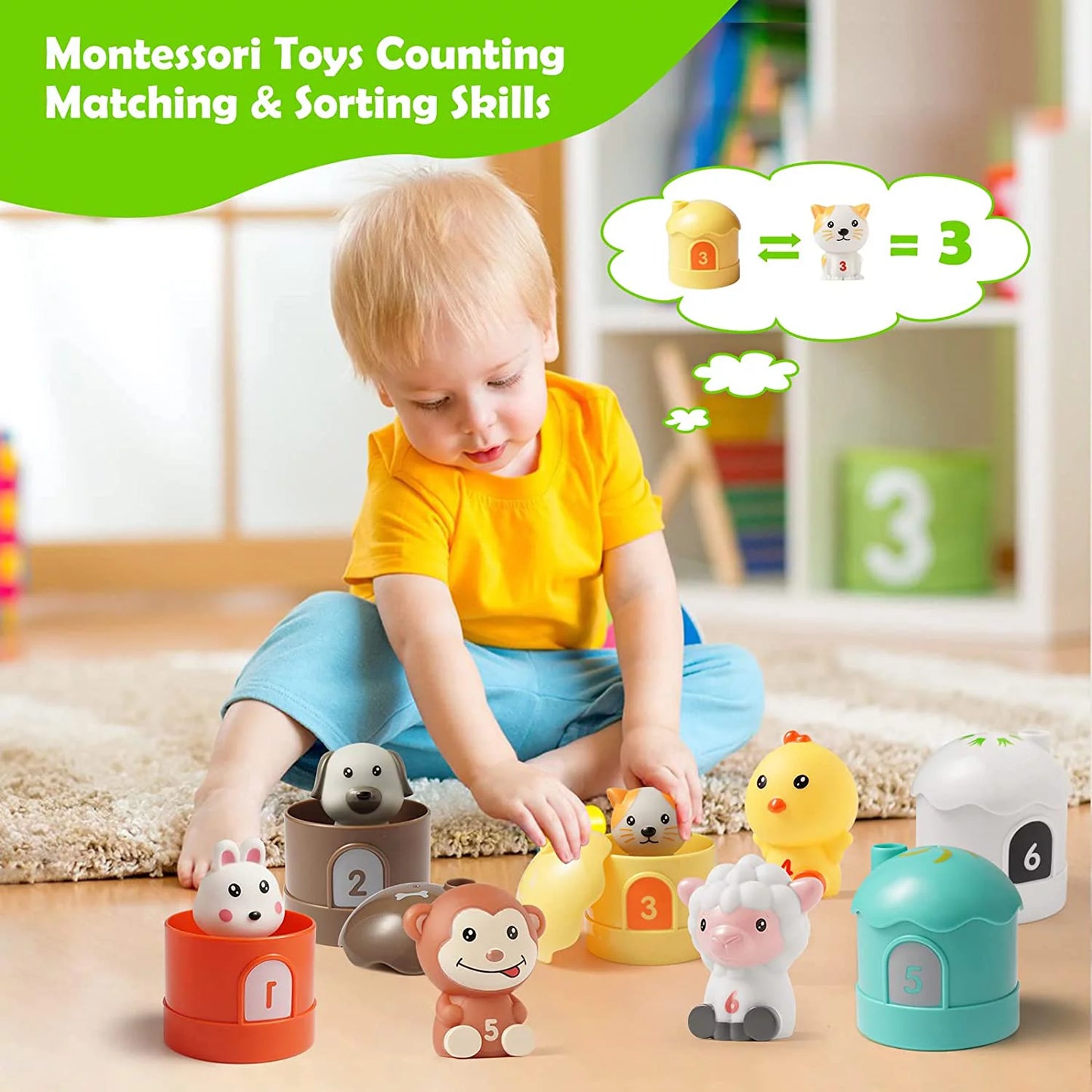 12 Pcs Farm Animals Toys, Learning Toys for 1,2,3 Year Old Toddlers, Montessori Counting, Matching & Sorting Fine Motor Games, Educational Toddler Toys Gift for Baby Toys 6-12 Months