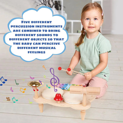 Kids Drum Set All in One Montessori Musical Instruments Set Toddler Toys Natural Wooden Music Kit Baby Sensory Toys Months Birthday Gifts for Girls Boys