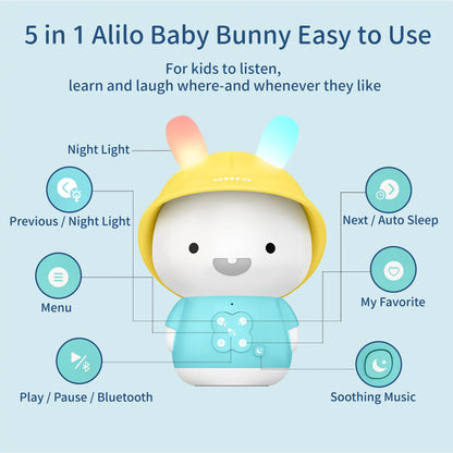 Baby Bunny Audio Player - Bluetooth - Toy W/ Chewable Teether Ears, Screen Free with Colorful Lights - Educational Sounds, Stories, Music, White Noise for 0-6 Years Kids - Baby Gift for Learning