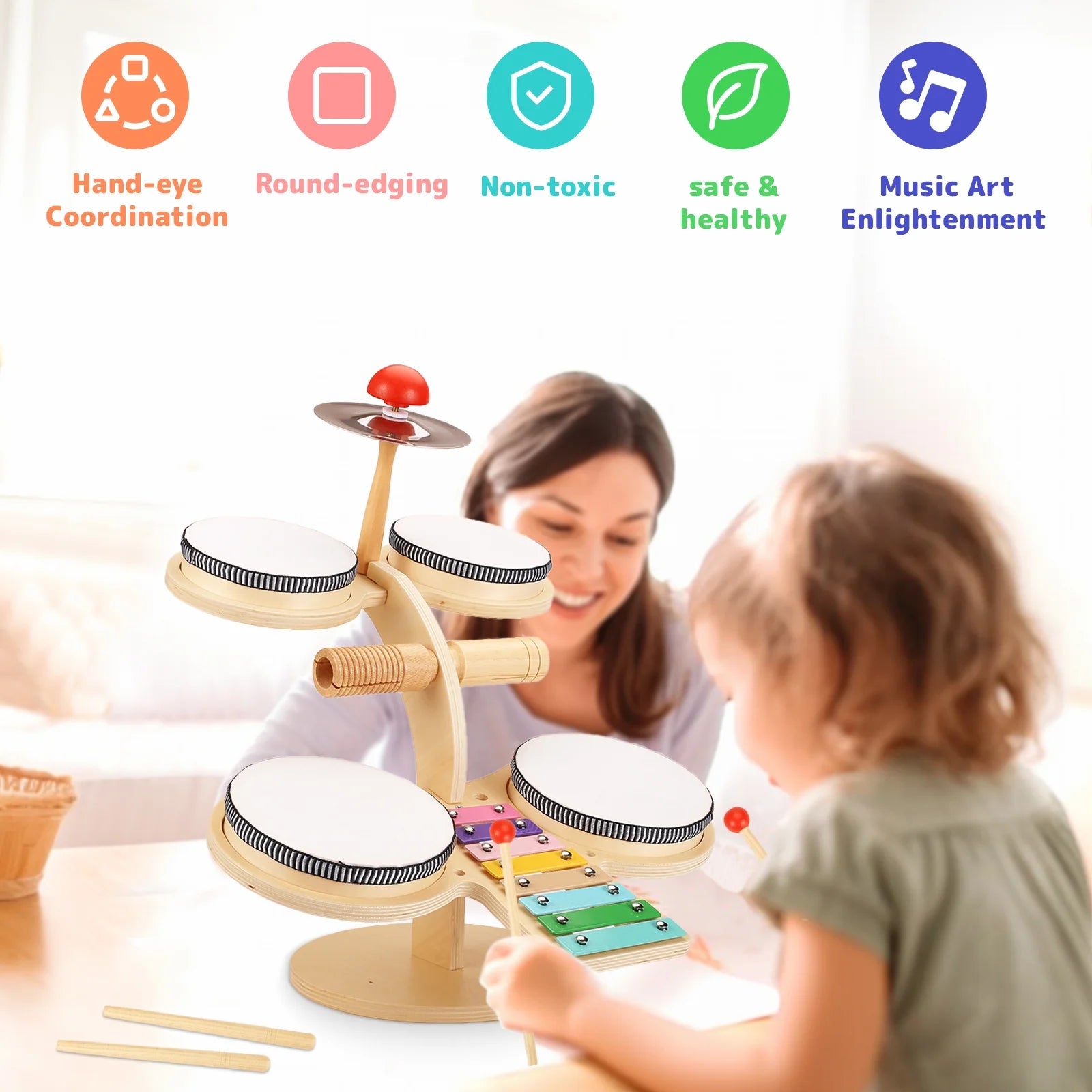 Kids Drum Set Xylophone Musical Instruments for Toddlers Wood Montessori Activity Learning Toy