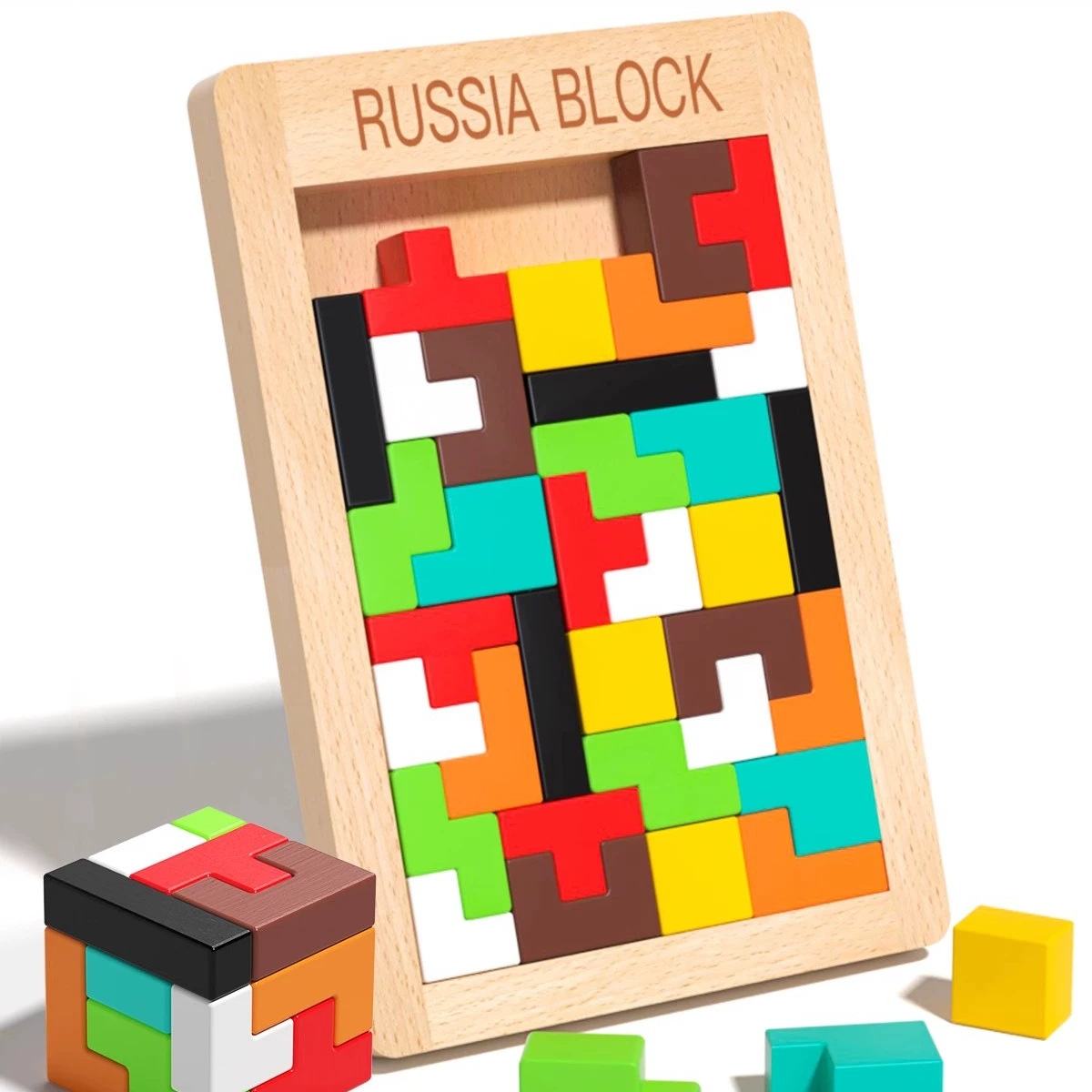 Wooden Puzzle Blocks for Spatial Thinking Beech Thick Tetris 1.8cm
