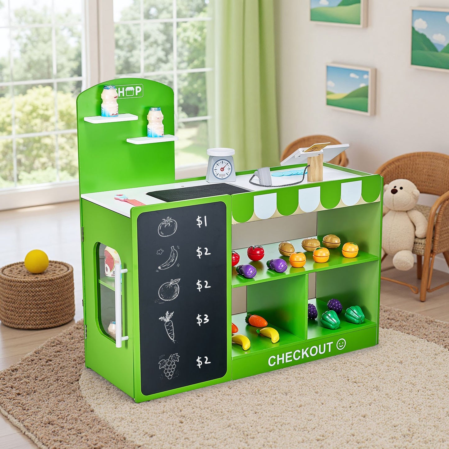 Kids Grocery Store Playset Wooden Play Market Stand With Cash Register