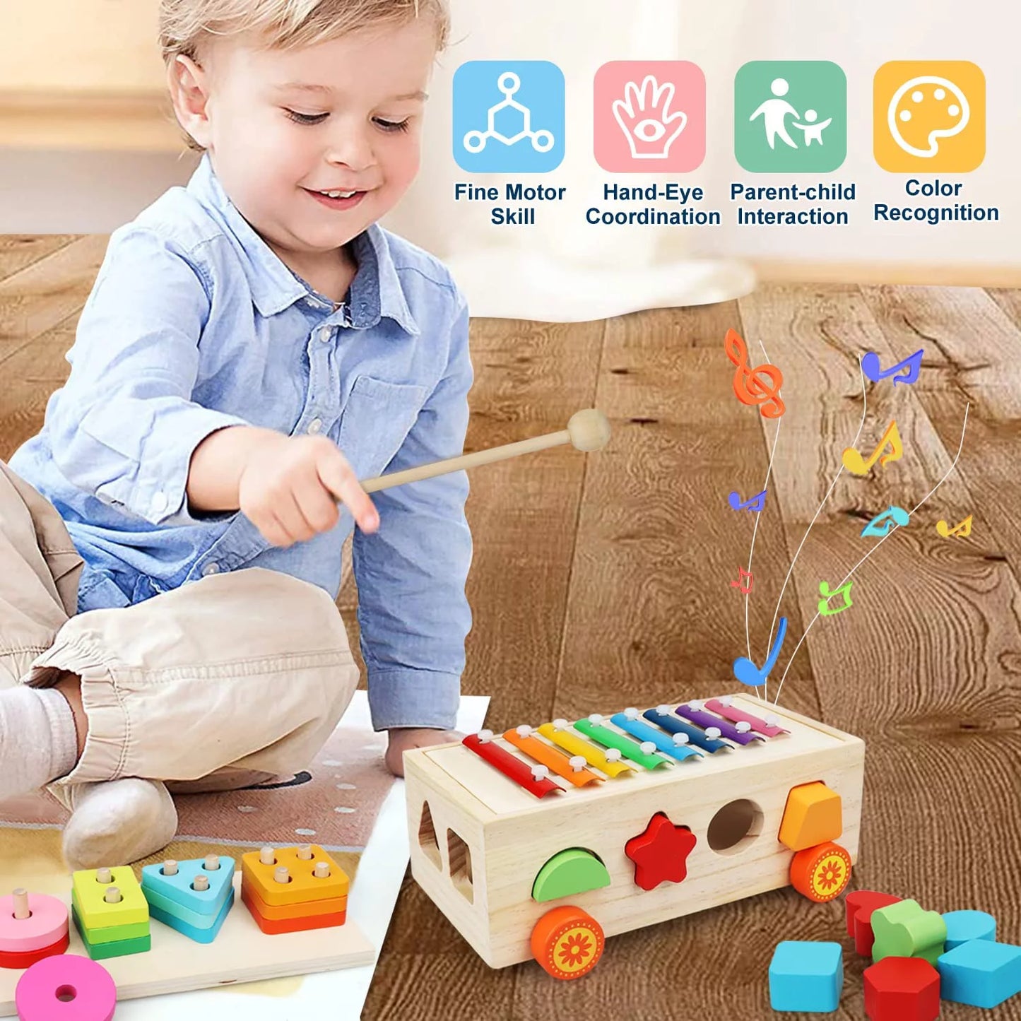 Shape Sorter Xylophone for Toddlers 1-3 Montessori Toys for 1 Year Old Wooden Stacking Toys Toddler Baby Xylophone Set, Baby Shape Sorter Toy Sorting Toys, Learning Block Sensory Wood Gifts