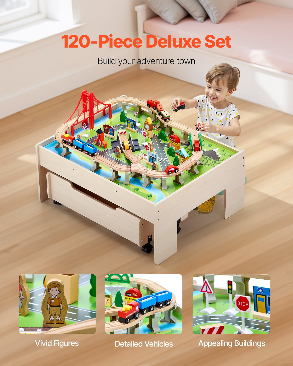 100-Piece Wooden Train Table with Storage Drawer